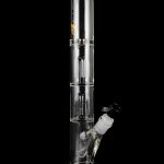 Clear glass bong with multiple percolators, isolated on a black background.