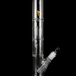 Clear glass bong with multiple chambers and a detachable downstem, isolated on a black background.