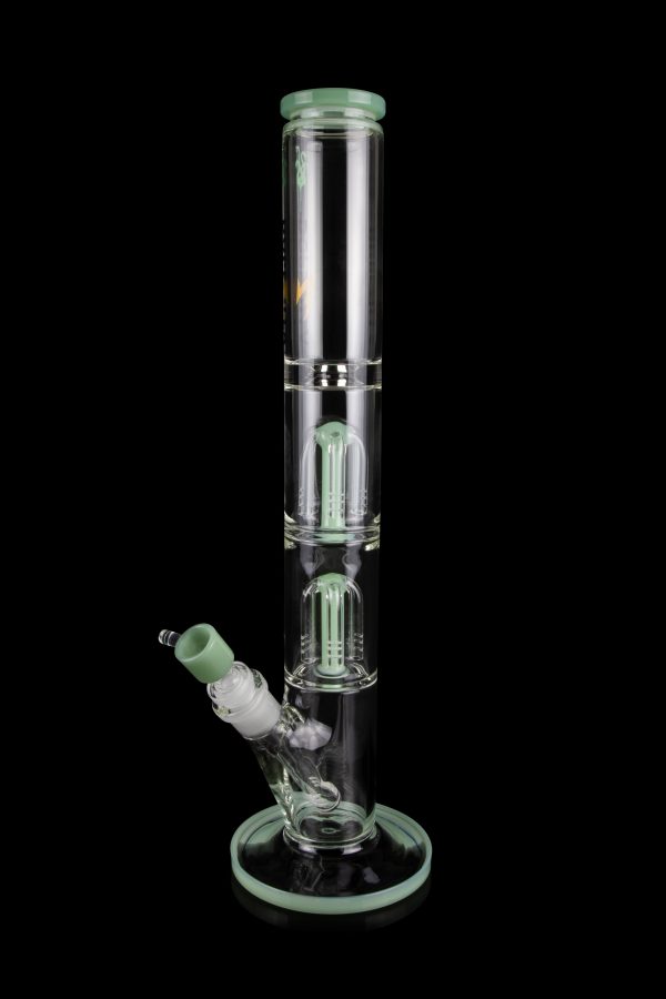 Green glass water pipe (bong) with multiple diffusion chambers.