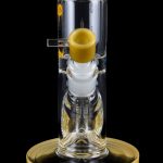 Clear glass bubbler with gold accents, featuring a removable bowl and water chamber.