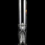 Clear glass bong with percolator, studio shot on black background.
