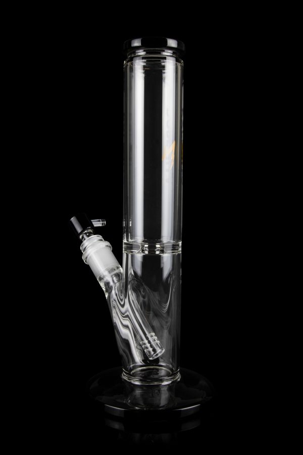 Clear glass water pipe (bong) with a percolator, isolated on a black background.