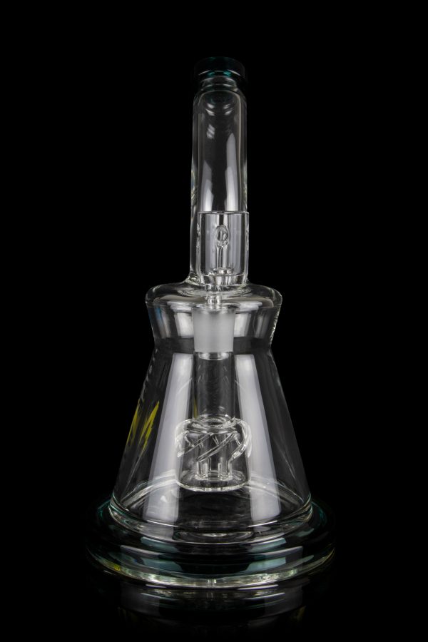 Clear glass water pipe (rig) with intricate percolator, isolated on black.