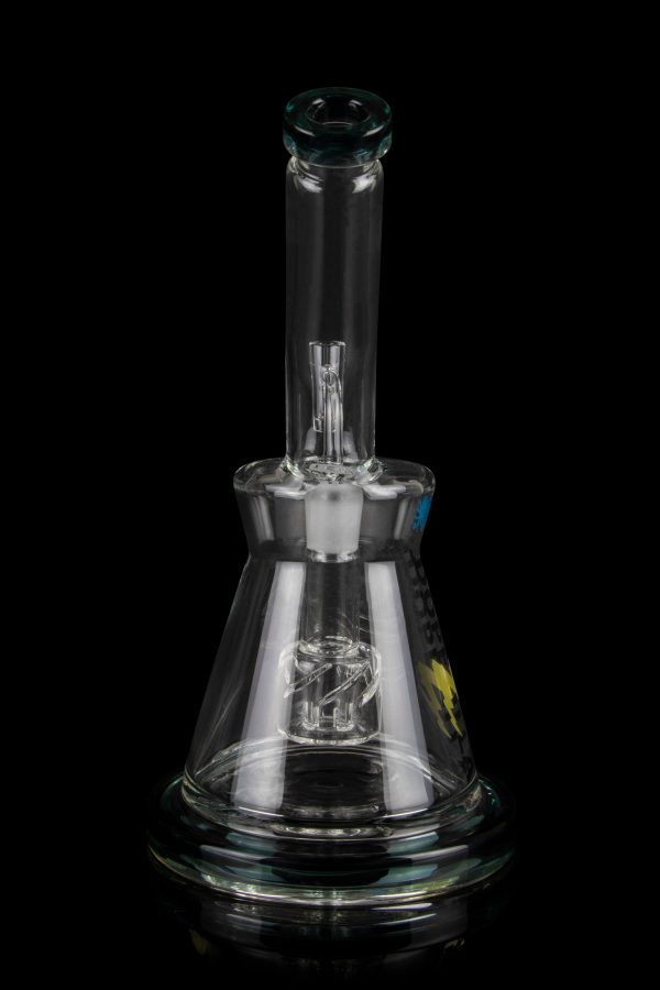 Clear glass water pipe (rig) with intricate internal percolators, isolated on a black background.