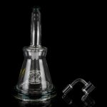 Clear glass rig with intricate percolator and accompanying quartz banger, isolated on a black background.