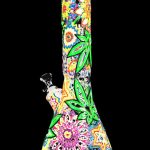 Front view of the Mandala Hemp Leaf Glow In The Dark Beaker Water Pipe, showcasing a patterned glass beaker against a black background.