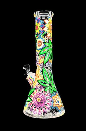 Front view of the Mandala Hemp Leaf Glow In The Dark Beaker Water Pipe, showcasing a patterned glass beaker against a black background.
