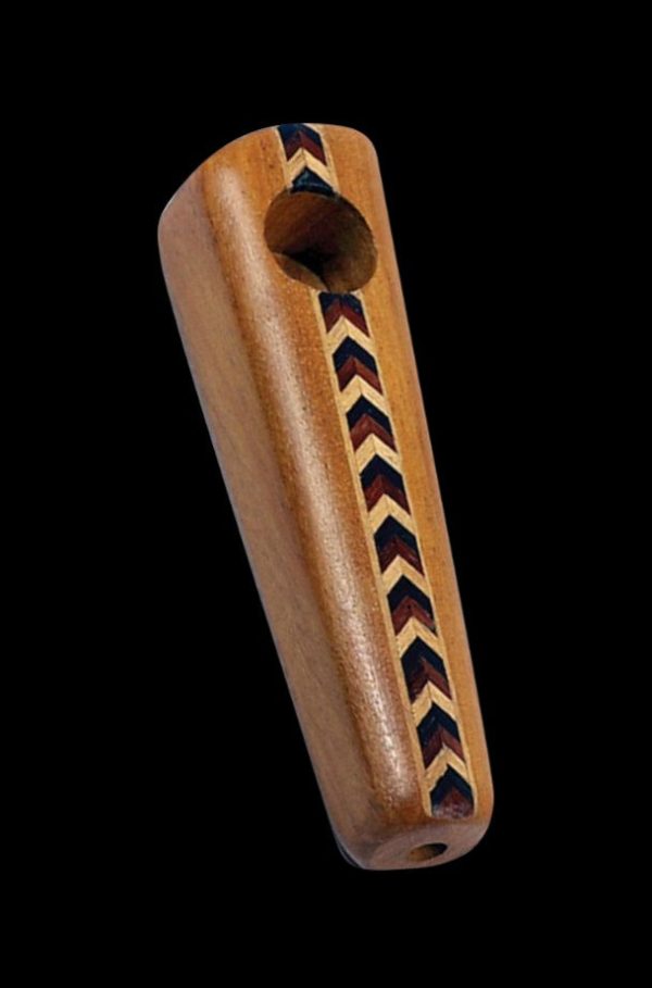 A detailed close-up of the Marquee Inlaid Wood Pipe, showcasing its wood grain and intricate inlaid design.
