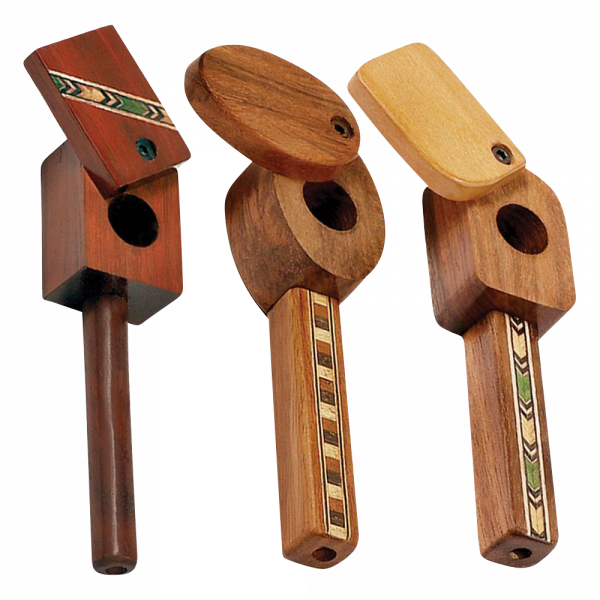 A three-quarter view of the Marquee Inlaid Wood Spoon Pipe with Swivel Lid, displaying its wooden finish and unique inlaid design.