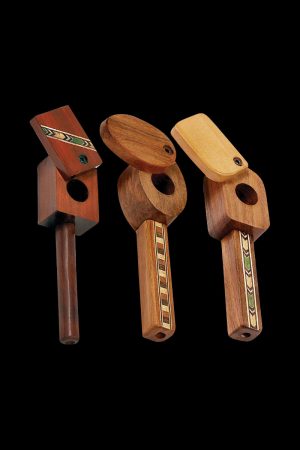 A detailed side view of the Marquee Inlaid Wood Spoon Pipe with Swivel Lid, showcasing its wooden construction and patterned inlay.