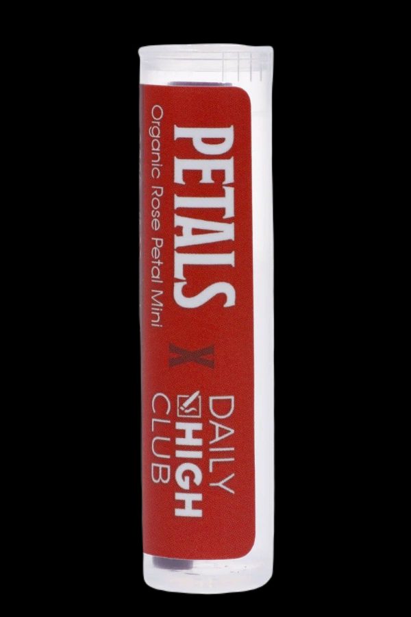 Red and white packaging for “Petals” by Daily High Club, labeled "Organic Rose Petal Mini.”