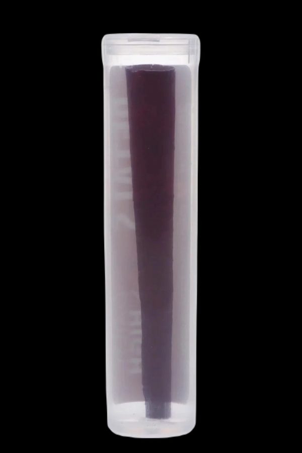 Clear plastic tube containing a pre-roll cannabis cigarette.