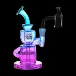 A colorful glass rig with a bubbler and quartz nail, branded "Stash Shack."