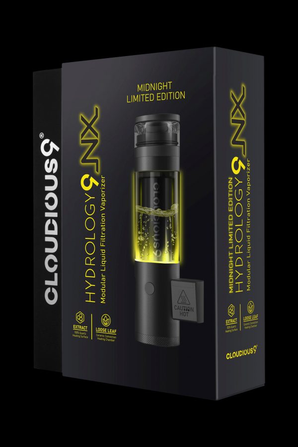 Black and gold “Cloudious9” branded modular liquid filtration vaporizer with visible herb inside, labeled “Midnight Limited Edition.”