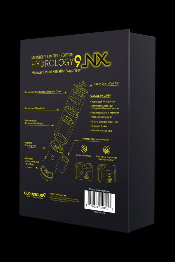 Product packaging for the Cloudious9 NYX Midnight Limited Edition modular liquid filtration vaporizer, showcasing device features and included accessories.