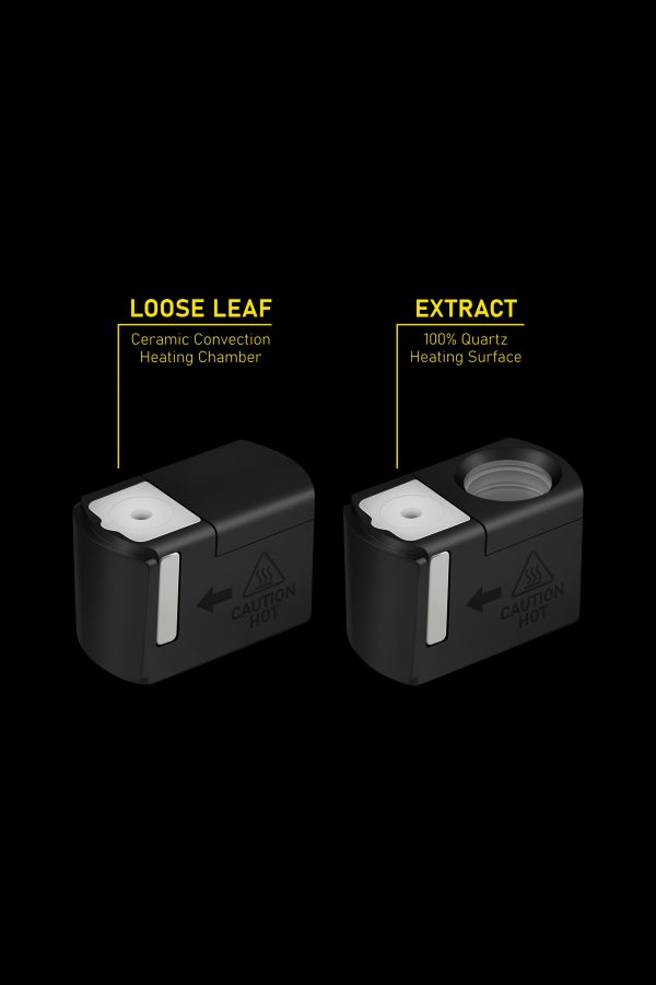 Two cannabis vaporizer heating chambers: one for loose leaf (ceramic convection) and one for extract (100% quartz heating surface), with directional arrows and caution icons.