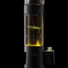 Black and gold cannabis water pipe, labeled "Cloudious9," with visible liquid inside, against a black background.