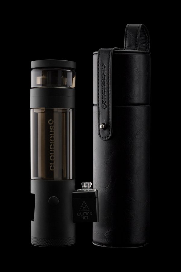 Black Cloudious9 vaporizer pen and carrying case on a dark background.