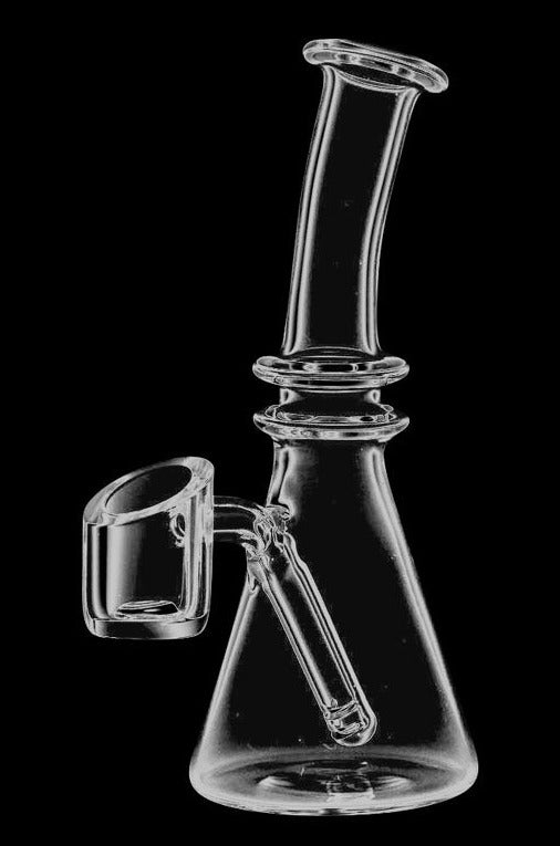 Front view of the Mini All-In-One Quartz Oil Rig, showing the clear glass setup angled against a dark background.