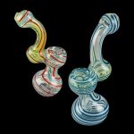 Front view of the Swirl Stripped Mini Bubbler Glass Pipe, featuring colorful swirls in a compact glass design.
