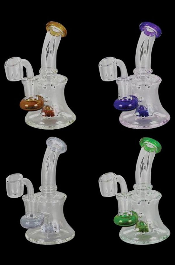 Front view of the Mini Hour Glass Oil Rig, a small clear glass rig with a rounded base and a curved neck.