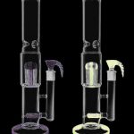 A front view of the “Inline Showerhead Perc to Domed Tree Perc Big Bong” showcasing its clear glass construction and layered perc design.