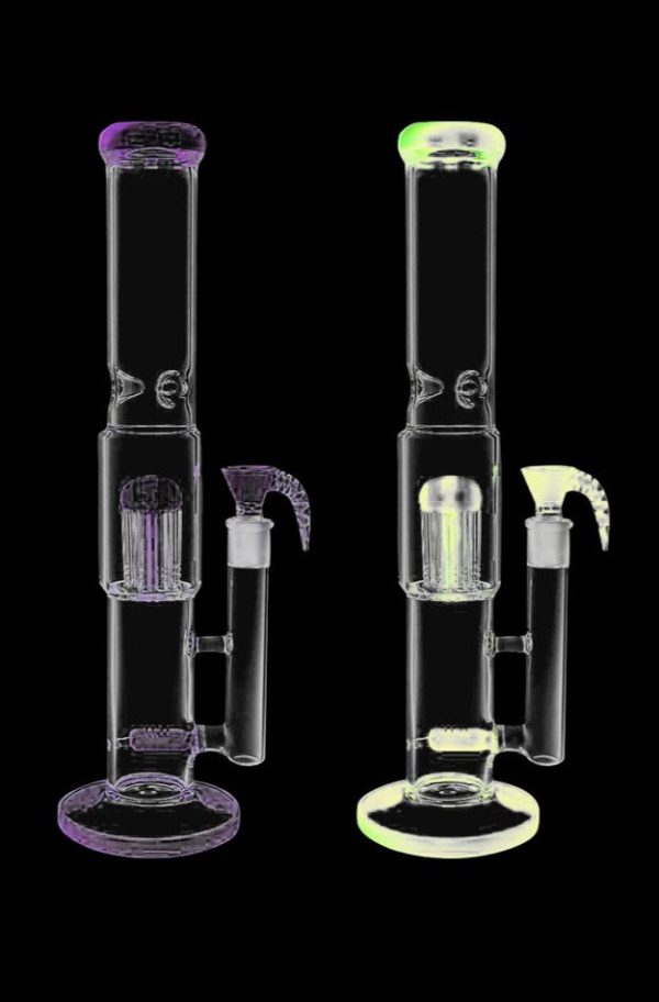A front view of the “Inline Showerhead Perc to Domed Tree Perc Big Bong” showcasing its clear glass construction and layered perc design.