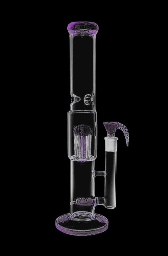 A studio shot of the Inline Showerhead Perc to Domed Tree Perc Big Bong, displaying its clear glass construction and multi-level perc design.