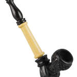 A detailed side view of the Multi Wood Carved Sherlock Pipe, featuring a sculpted wooden bowl and stem.