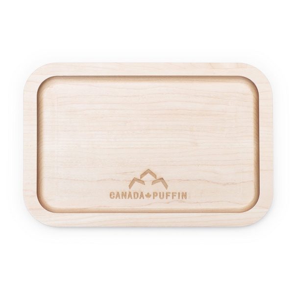 Overhead view of the Canada Puffin Muskoka Rolling Tray, a rectangular wooden tray with a smooth, natural finish.