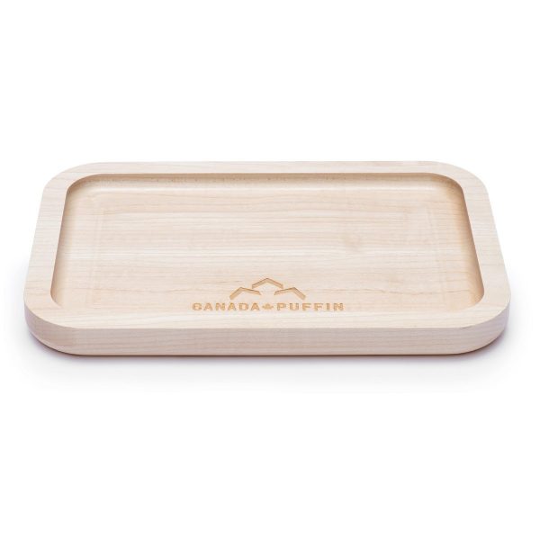 Overhead view of the Canada Puffin Muskoka Rolling Tray, showing a flat, wooden surface with a smooth, rectangular shape.