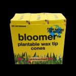 Yellow box of “bloomer” plantable wax tip cones with a green floral design.