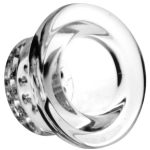 A close-up, angled view of the NoGoo Silicone Spoon Hand Pipe - Bowl Replacement, showcasing its clear glass construction.