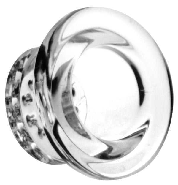 A close-up, angled view of the NoGoo Silicone Spoon Hand Pipe - Bowl Replacement, showcasing its clear glass construction.