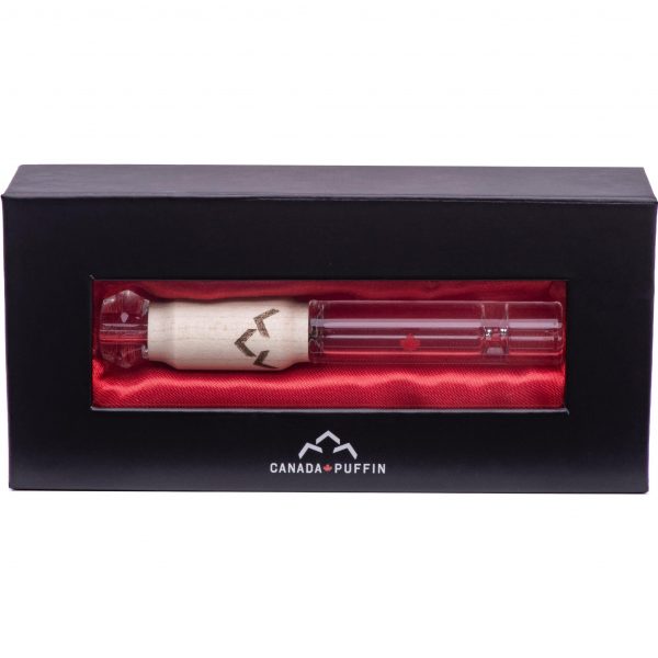 Front view of the Canada Puffin Northern Lights Taster Pipe presented on a red cushioned surface.
