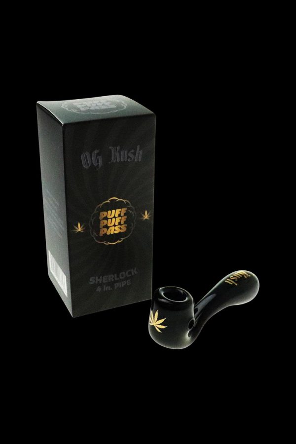 A close-up, angled view of the Puff Puff Pass "OG Kush" Strain Pipe, showing its dark-colored bowl and smooth design.