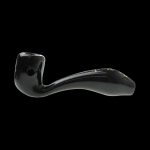 A side view of the “Puff Puff Pass “OG Kush” Strain Pipe, showcasing its curved design and dark finish against a plain background.