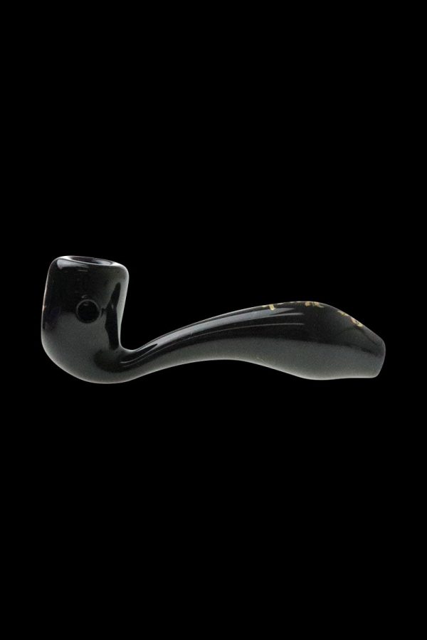 A side view of the “Puff Puff Pass “OG Kush” Strain Pipe, showcasing its curved design and dark finish against a plain background.