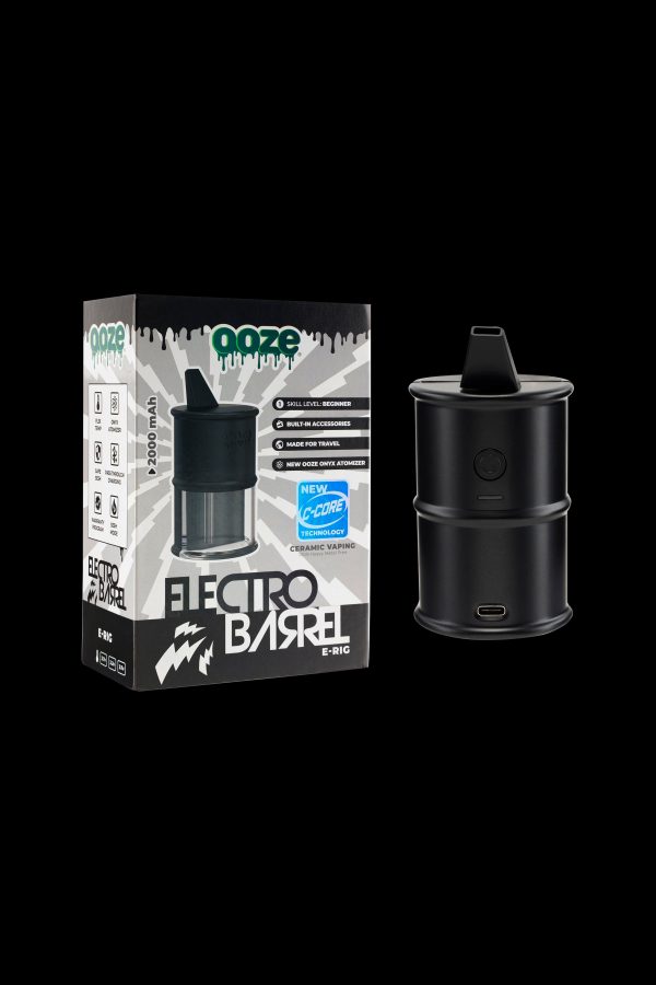Product shot of a black “Ooze Electro Barrel” e-rig with packaging, highlighting ceramic technology and travel-friendly design.