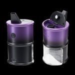 Purple cannabis vaporizer with transparent chamber, displayed from two angles on a black background.