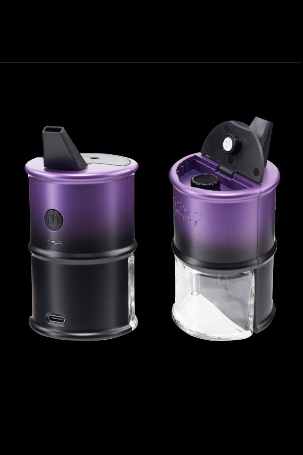 Purple cannabis vaporizer with transparent chamber, displayed from two angles on a black background.