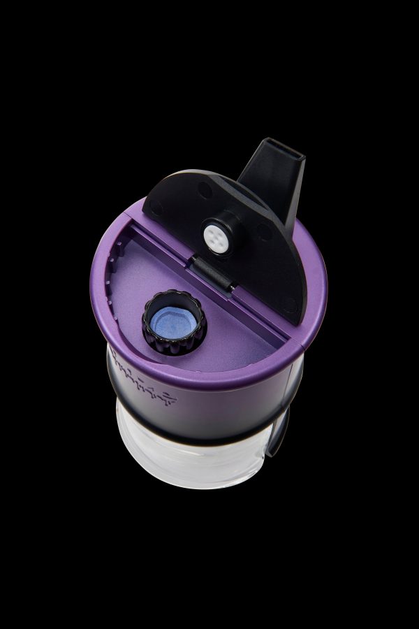 Purple cannabis water pipe attachment with a clear glass bowl.