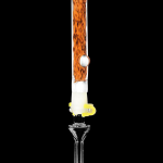 Hand-blown glass oil rig with orange and white swirl design.