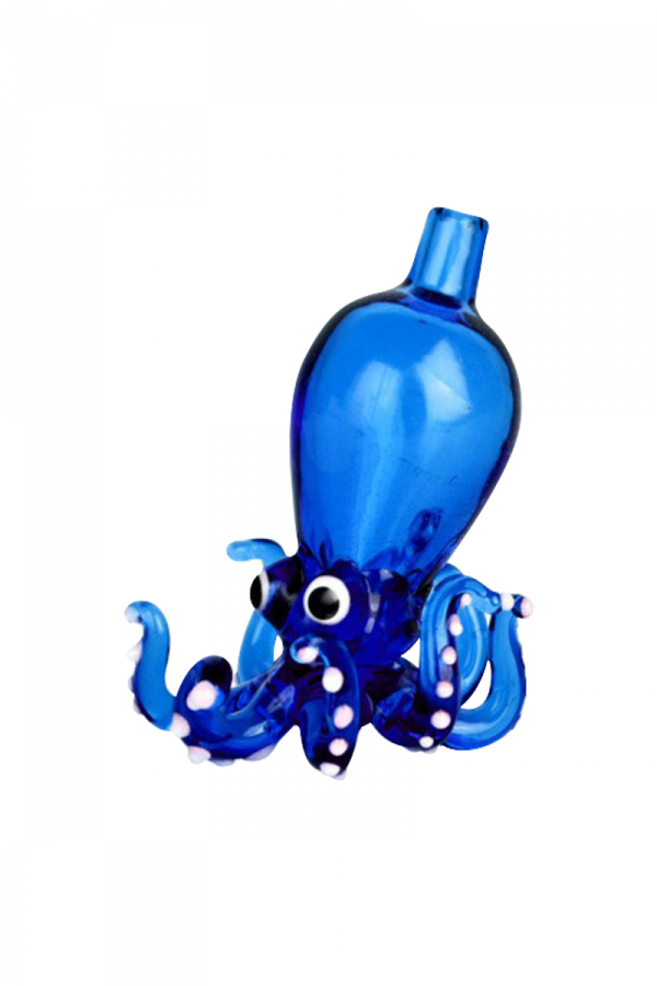 A vibrant, angled view of the Octopus Themed Directional Carb Cap in blue glass, resembling a sea creature.