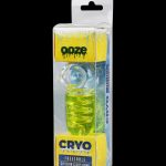 Front view of the Ooze Cryo Freezable Pipe, showcasing its clear glass construction and packaged presentation.