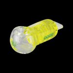 A side view of the Ooze Cryo Freezable Pipe, showcasing its clear glass construction and curved design.