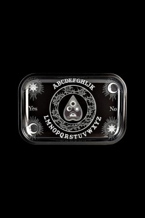 The Ouija Board Metal Rolling Tray is displayed as a top-down view of a circular, dark metal tray with a printed Ouija board design.