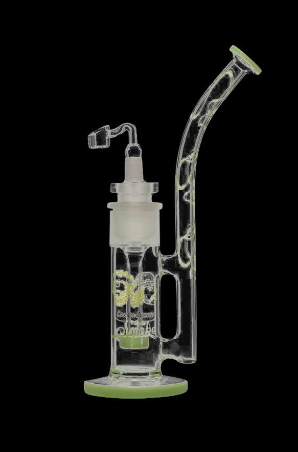 Front view of the Cheech & Chong "Tied Stick" Dab Rig Bubbler, a clear glass rig with a curved neck and simple base.