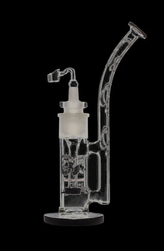 Front view of the Cheech & Chong "Tied Stick" Dab Rig Bubbler, a clear glass bubbler with a unique curved design.