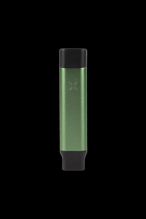 Green cannabis vaporizer pen against a black background.